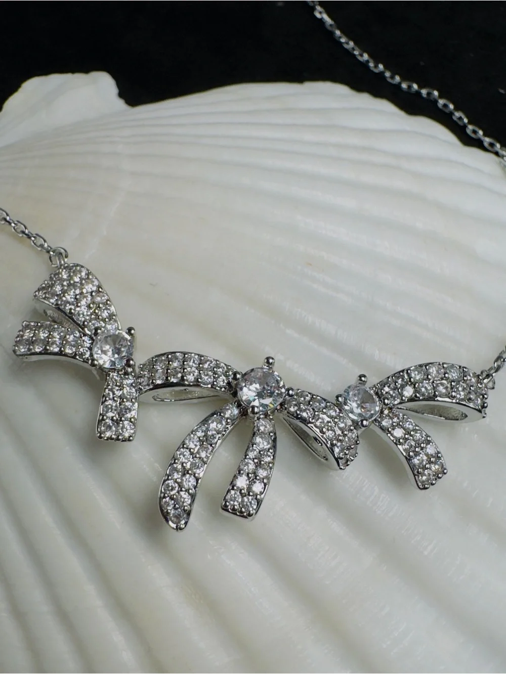 Silver Bow Crystal Pendant Necklace - Women Jewelry